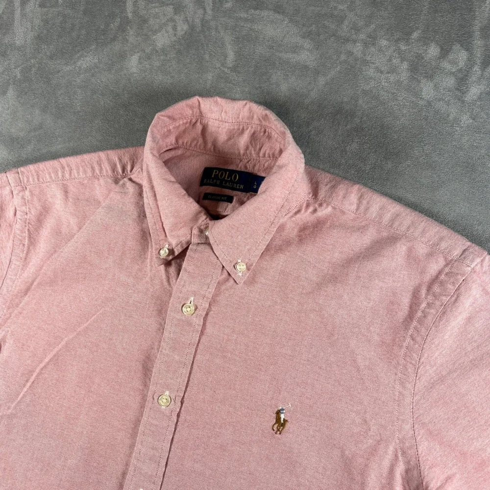 Polo Ralph Lauren Mens Large Pink Short Sleeve Oxford Button Down Shirt Classic